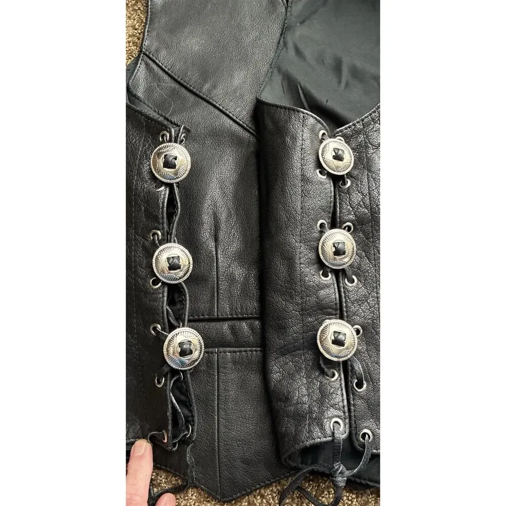 Vintage MOB Blk Leather Sz 2X Laces Silver Conchas Vest Pockets